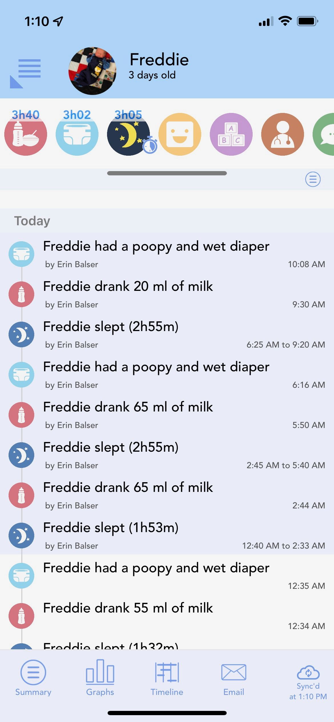 Screenshot of Freddie's BabyConnect activity