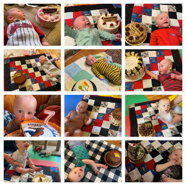A grid montage of 12 photos of Freddie with cakes.